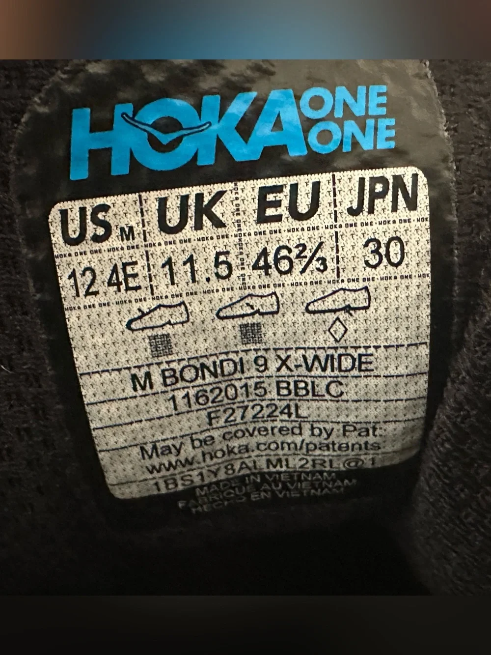 HOKA Bondi 9 running shoes triple black size 12 4E extra wide